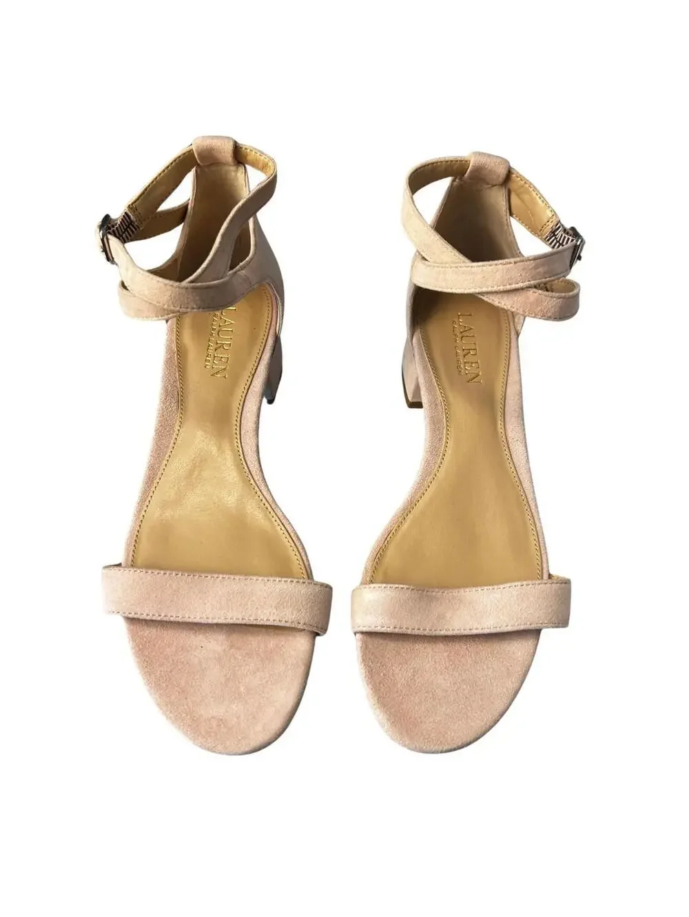 Lauren Ralph Lauren Soft Pink Suede Ankle Strap Block Heel Sandals